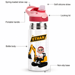 Personalisierte 12-oz-Isolierwasserflasche mit Cartoon-Figur „Bagger“ für Kinder, mit Silikonstrohhalm und Namensaufdruck – Geschenk zum Schulanfang oder Geburtstag