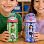 Personalized Cartoon Character 16 oz Kid Water Bottle with Straw Handle and Name Back to School Children's Day Birthday Gift for Children