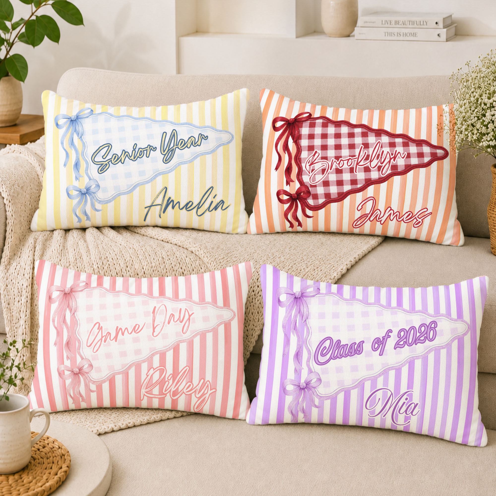 Personalized Multicolor Bow Pennant Design Stripe Soft Throw Pillow Cover with Name and Text Room Decor Graduation Back to School Gift for Students