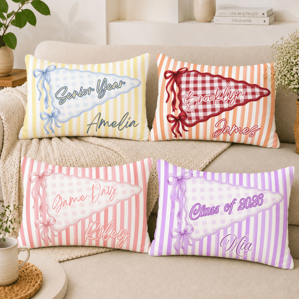 Personalized Multicolor Bow Pennant Design Stripe Soft Throw Pillow Cover with Name and Text Room Decor Graduation Back to School Gift for Students