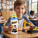 Personalisierte 12-oz-Isolierwasserflasche mit Cartoon-Figur „Bagger“ für Kinder, mit Silikonstrohhalm und Namensaufdruck – Geschenk zum Schulanfang oder Geburtstag