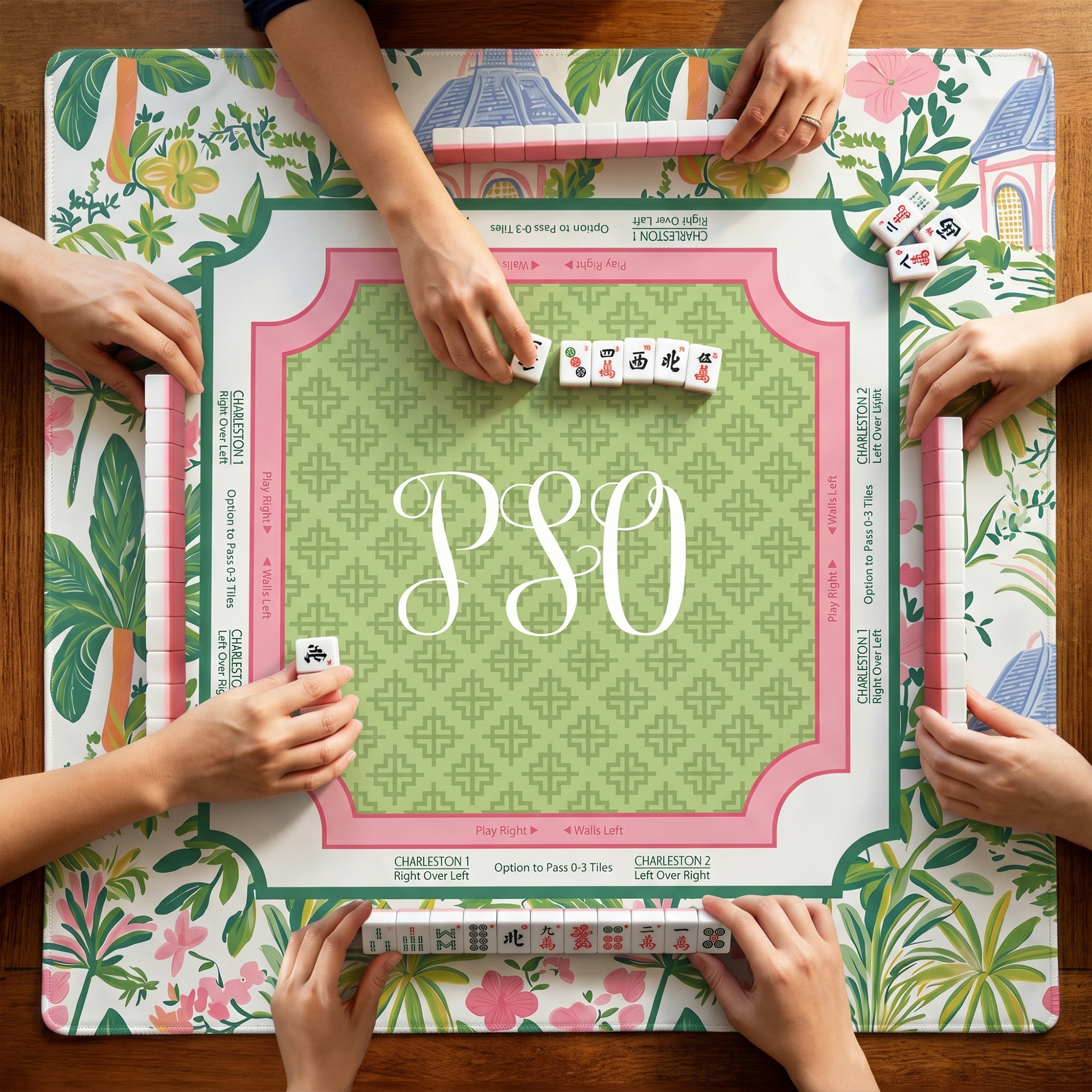 Individuell gestaltete Mahjong-Matte im Preppy-Stil in Rosa und Grün mit tropischem Blumen- und Palmenmuster, inklusive Aufbewahrungstasche – das perfekte Geschenk für Mahjong-Liebhaber, ideal für Spi