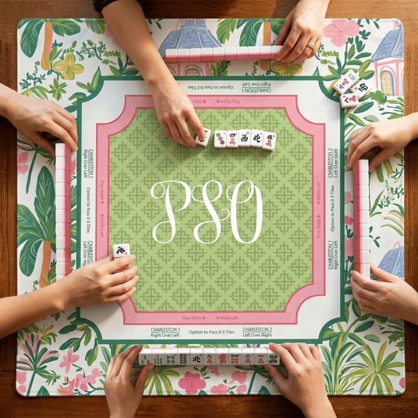 Personalised Preppy Pink & Green Floral Tropical Palm Tree Mahjong Mat with Storage Bag Game Night Mahjong Club Gift for Mahjong Lovers