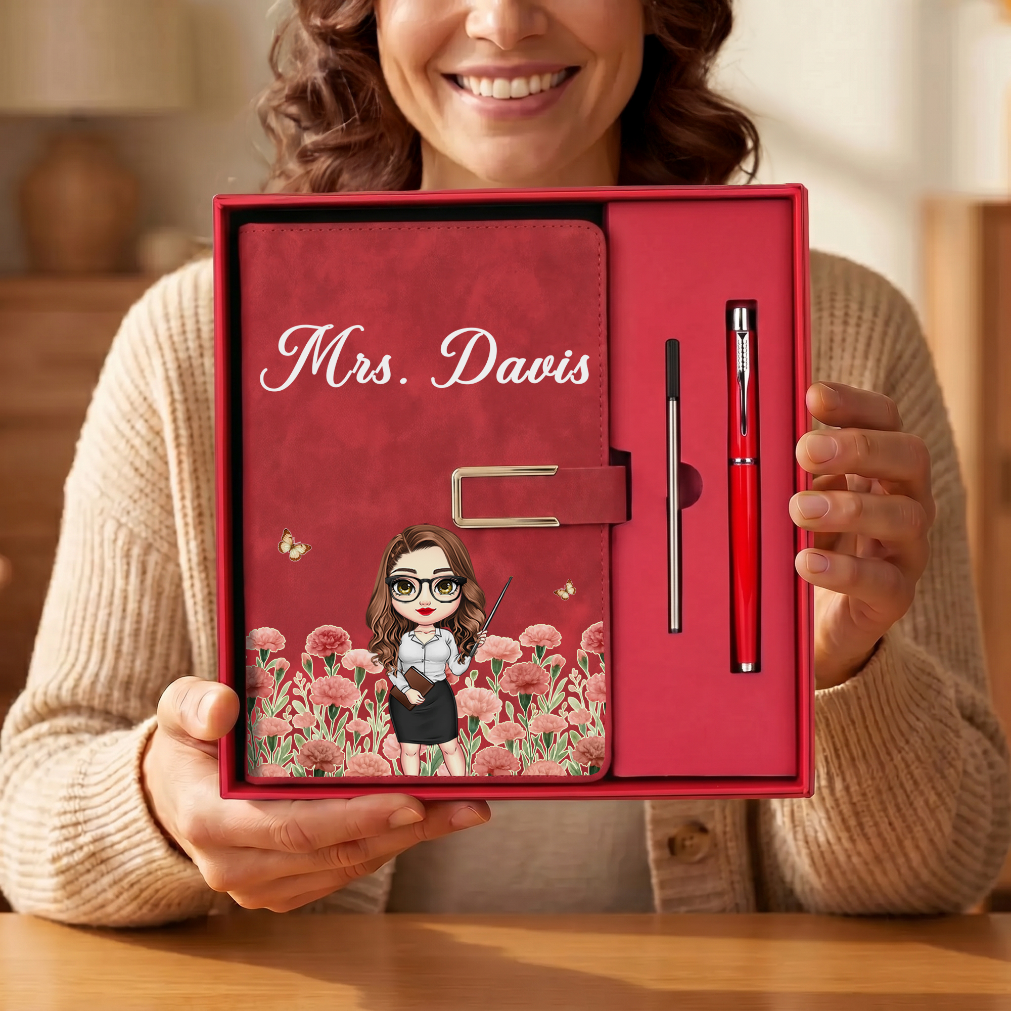 Personalisiertes A5-Notizbuch-Set aus PU-Leder mit Geburtsblume und Comicfigur, mit Vornamen und Nachnamen – Geschenk zum Schulanfang und zum Lehrertag für Lehrer