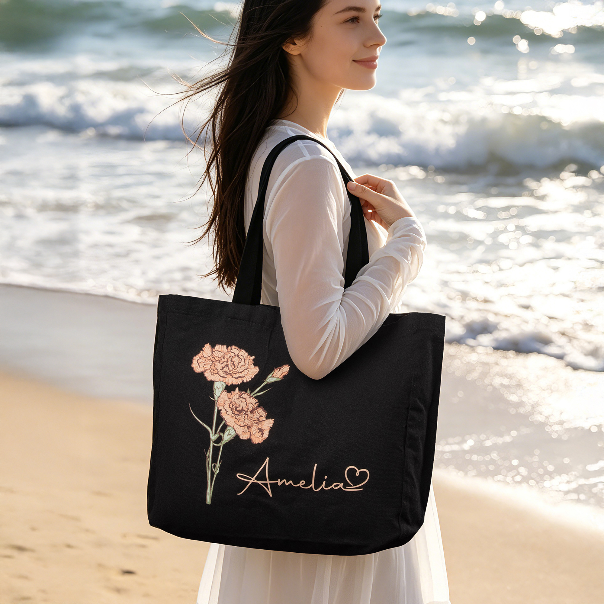 Personalisierte, mehrfarbige Canvas-Tragetasche mit Geburtsblume und Namen – für den täglichen Gebrauch, als Geschenk zur Hochzeit oder zum Geburtstag für Frauen und Mädchen