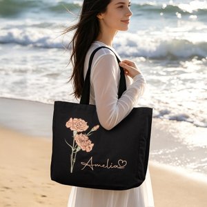 Personalized Birth Flower Multicolor Canvas Tote Bag Handbag with Name Daily Use Wedding Birthday Gift for Women Girls