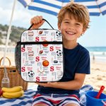 Personalized Sports Theme Word Cloud Insulated Lunch Bag with Name and Initial Back to School Birthday Gift for Boys Kids Sports Fans
