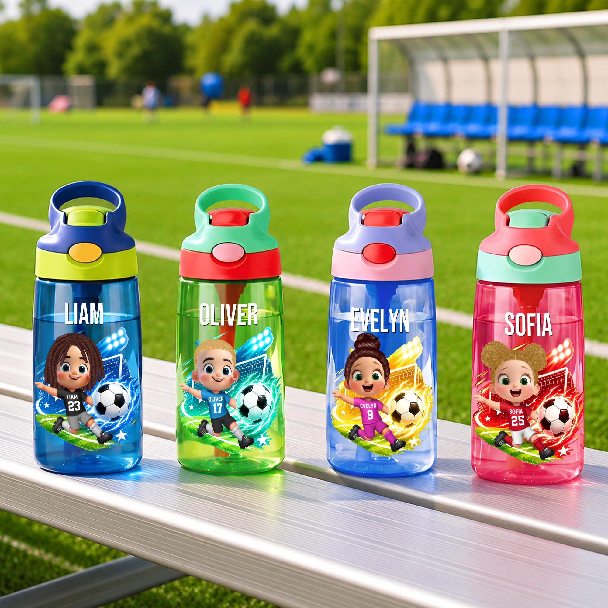 Individuell gestaltete Kinder-Trinkflasche (16 oz) mit Fußball-Cartoon-Figur, Namen, Nummer und Silikonstrohhalm – für Outdoor-Aktivitäten und als Geburtstagsgeschenk für Jungen und Mädchen