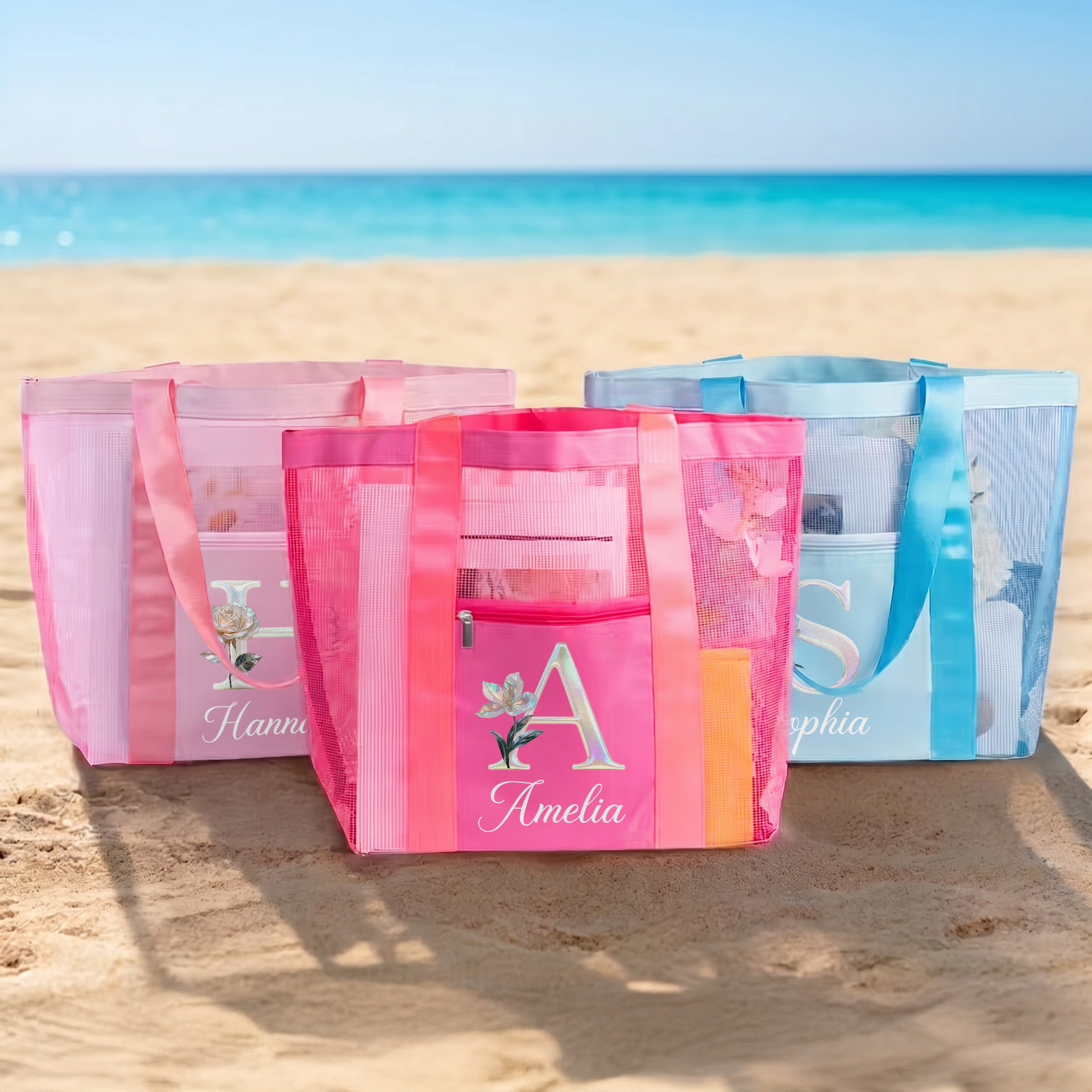 Personalisierte Strand-Tragetasche aus Netzstoff mit Perleffekt, Geburtsblume und Initialen sowie Namenszug – Sommerurlaub, Schwimmbad, Geburtstagsgeschenk für Frauen und Mädchen