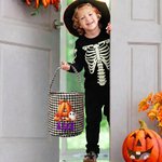 Personalised Cute Cartoon Ghost Pumpkin Checkered Sweets Bucket with Initial and Name Halloween Party Gift for Children