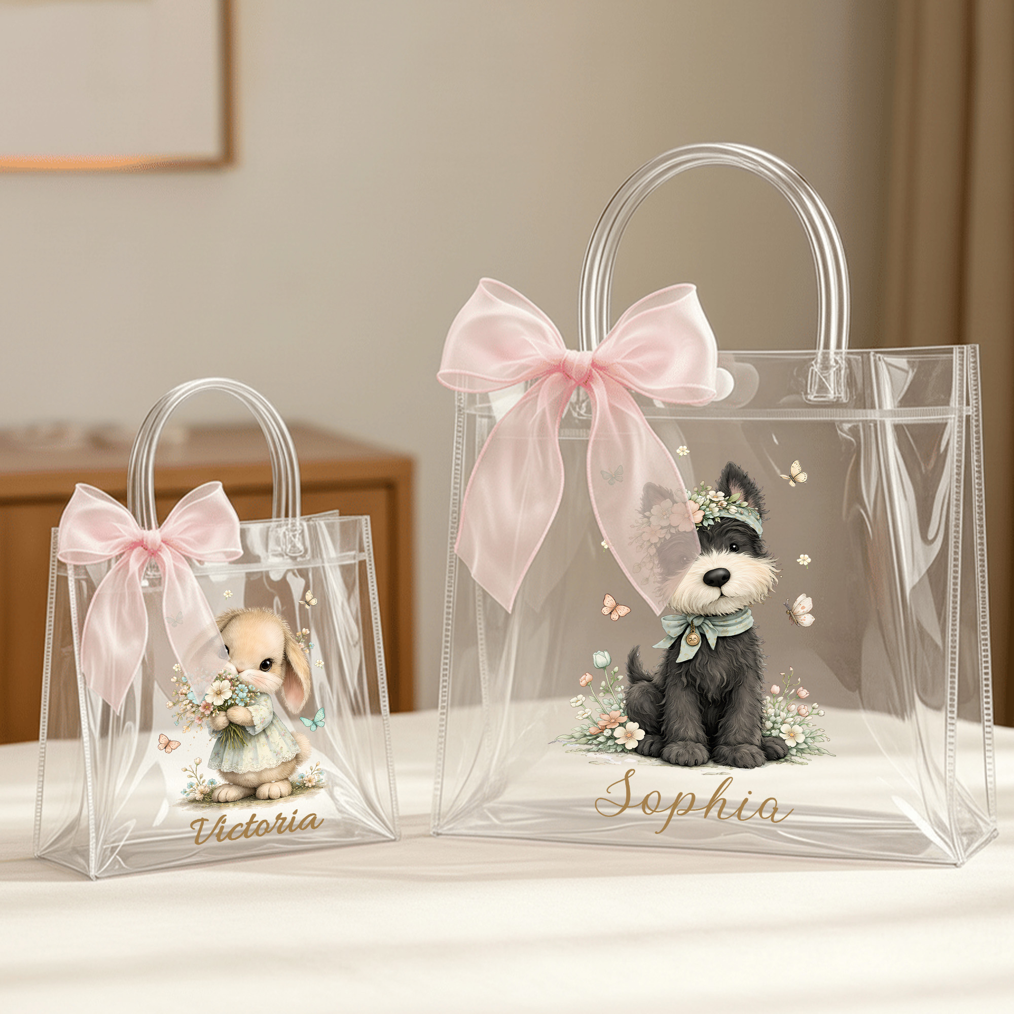 Individuell gestaltete, niedliche Geschenktüte mit Blumen- und Hundemotiv, durchsichtig, mit Namen – für den täglichen Gebrauch, als Geburtstagsgeschenk für Kinder