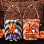 Personalised Cute Cartoon Ghost Pumpkin Checkered Sweets Bucket with Initial and Name Halloween Party Gift for Children