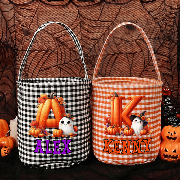 Personalised Cute Cartoon Ghost Pumpkin Checkered Sweets Bucket with Initial and Name Halloween Party Gift for Children