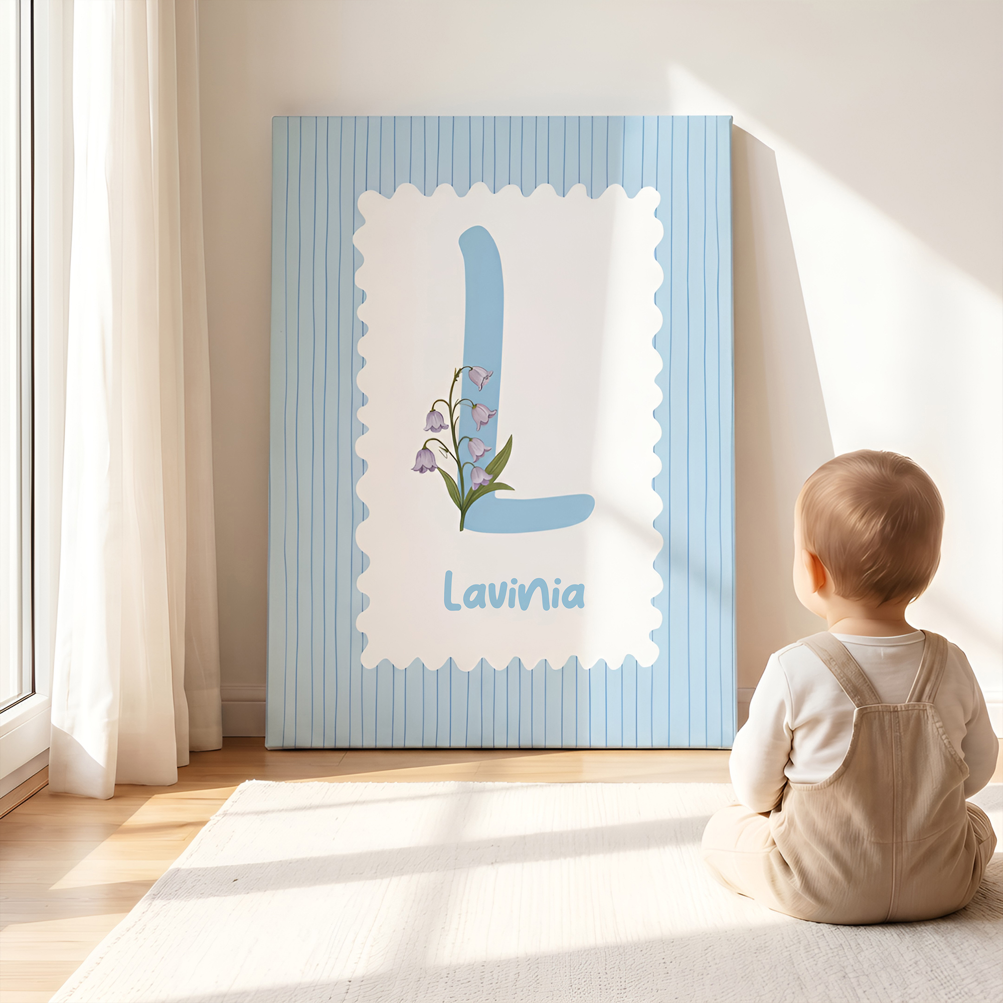Personalisierter Leinwanddruck mit Geburtsblumen, Namen & Streifen | Gemütliche Kinderzimmer-Deko | Geschenk zur Babyparty für frischgebackene Eltern