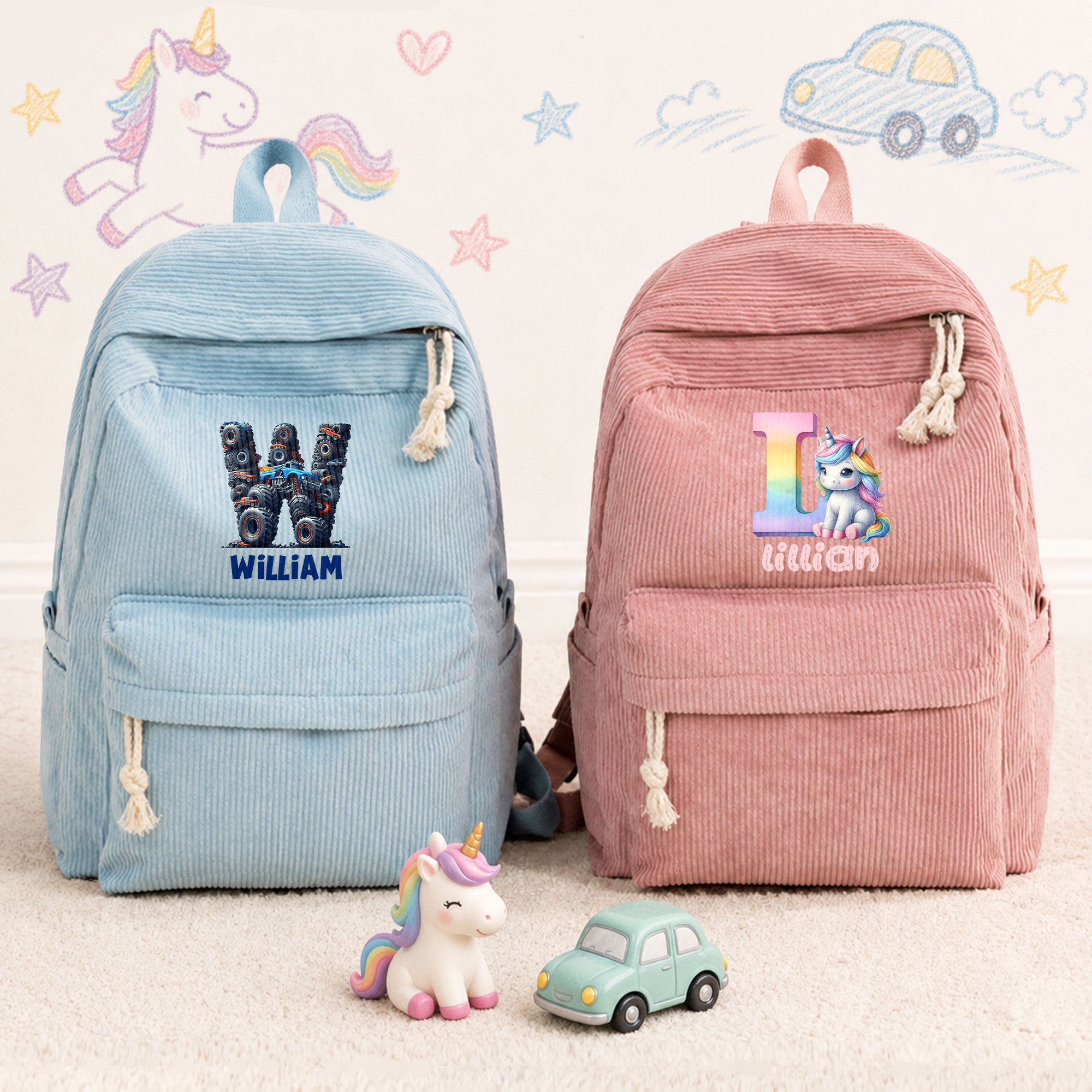 Individuell gestalteter Rucksack aus mehrfarbigem Cord mit Cartoon-Motiv, LKW, Einhorn und Initialen – mit Namensaufdruck – als Geschenk zum Schulanfang oder Geburtstag für Kinder und Kleinkinder