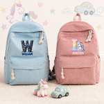 Zaino personalizzato in velluto a coste multicolore con motivo a camioncino, unicorno fantastico e iniziale, con nome, ideale come regalo per il rientro a scuola o per il compleanno di bambini e neona