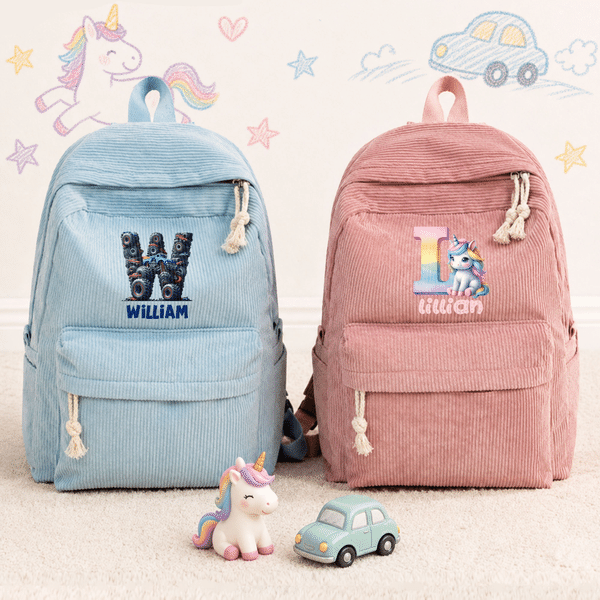 Personalized Cartoon Truck Fantasy Unicorn Initial Multicolor Corduroy Backpack with Name Back to School Birthday Gift for Kids Toddlers