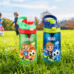 Personalised Cartoon Football Kid Character 16 oz Kid Water Bottle with Name Number and Silicone Straw Outdoor Activities Birthday Gift for Boys Girls