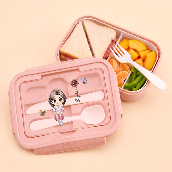 Personalized Birth Flower Family Character Food Grade Microwavable Lunch Box with Name and Cutlery Back to School Daily Use Gift for Boys Girls Family