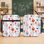 Personalized Sports Theme Word Cloud Insulated Lunch Bag with Name and Initial Back to School Birthday Gift for Boys Kids Sports Fans