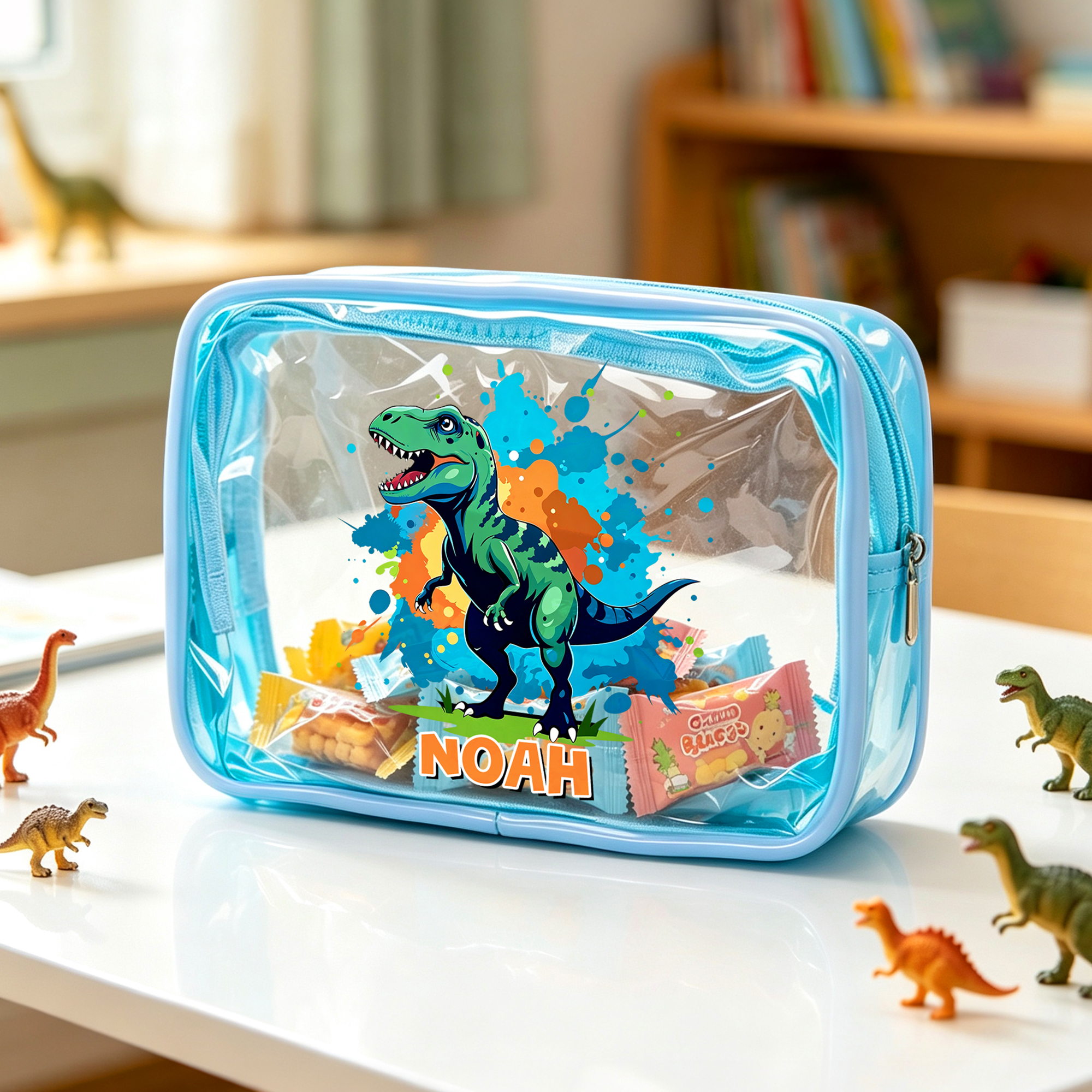 Individuell gestaltete, durchsichtige Snack-Tüte mit Dinosaurier-Tintenspritzer-Motiv und Namensaufdruck – das perfekte Geschenk für Reisen, den Schulanfang oder zum Geburtstag für Kinder, die Dinosau