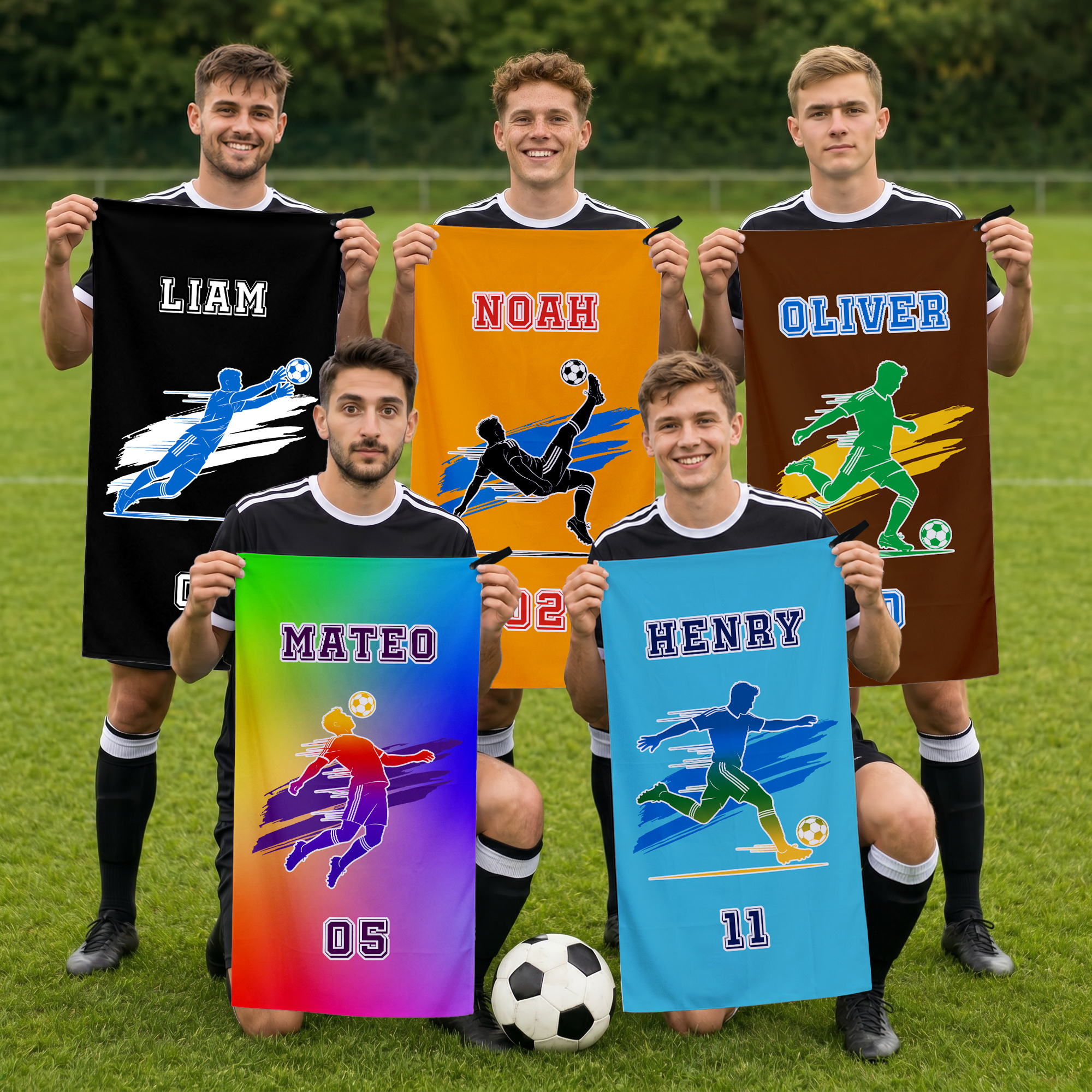 Personalisiertes Sporttuch mit Fußball- und Basketball-Silhouette, Namen, Nummer und Schlaufe – schnell trocknendes Sporttuch, ideal als Geschenk für Spieltage, Geburtstage und für Sportbegeisterte