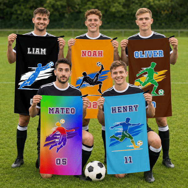 Personalised Soccer Basketball Sports Silhouette Name Quick Drying Sports Towel with Number and Lanyard Club Game Day Birthday Gift for Sport Lovers