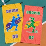 Personalised Soccer Basketball Sports Silhouette Name Quick Drying Sports Towel with Number and Lanyard Club Game Day Birthday Gift for Sport Lovers