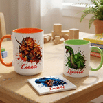 Personalized Ink-Splashed Dinosaur Multicolor 11 oz 15 oz Ceramic Mug with Coaster Daily Use Back to School Birthday Gift for Kids Dinosaur Lovers