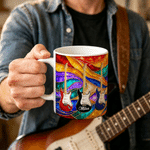 Personalized Retro Rainbow Stained Glass Design Guitar Ceramic Mug with Name Birthday Gift for Electric Guitar Players Music Lovers
