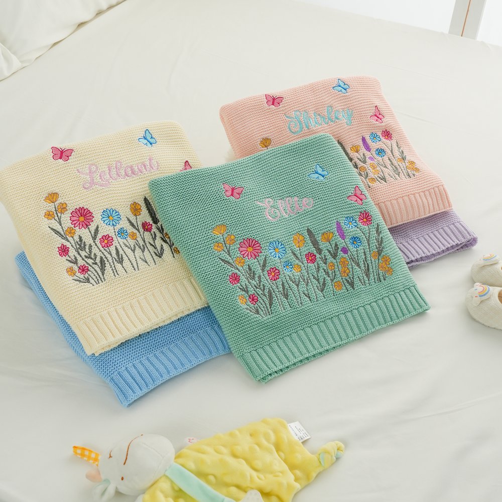 Personalised Embroidered Wildflower Cotton Knit Baby Blanket with Name Birthday Baby Shower Gift for Infants Baby Girls 3
