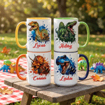 Personalized Ink-Splashed Dinosaur Multicolor 11 oz 15 oz Ceramic Mug with Coaster Daily Use Back to School Birthday Gift for Kids Dinosaur Lovers