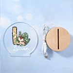 Personalised Cute Animal Floral Initial LED Night Light with Wooden Base and Name Home Decor Birthday Gift for Kids