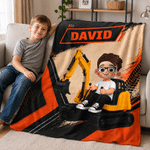 Personalised Cute Excavator Cartoon Character Warm Cosy Blanket with Name Daily Use Birthday Gift for Kid Student
