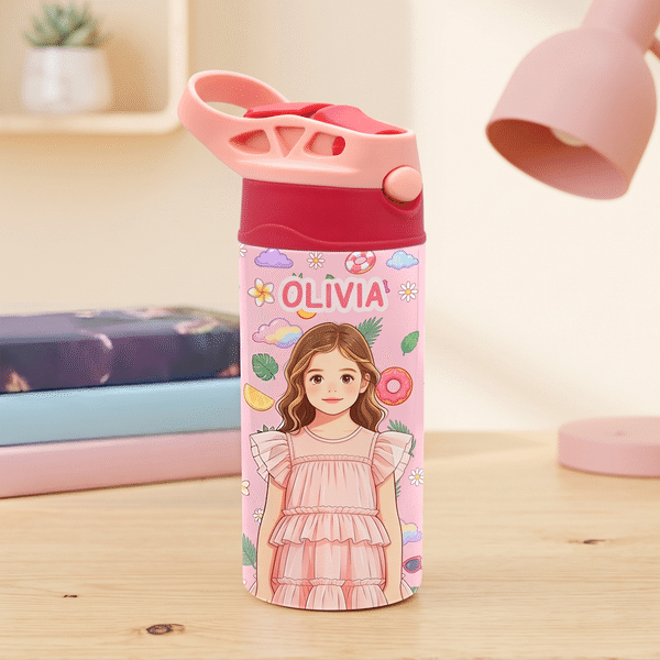 Personalised Multicolour Excavator Animal 12 oz Insulated Kid Water Bottle with Name and Photo Back to School Birthday Gift for Boys Girls Kids