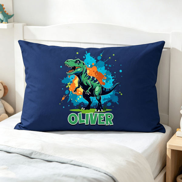 Personalized Ink Splatter Style Cartoon Dinosaur Throw Pillow Cover with Name Home Decor Birthday Gift for Boys Girls