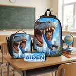 Personalized Cartoon Dinosaur 3D Photo Backpack Lunch Bag Pencil Case Set of 3 with Name Back to School Birthday Gift for Kids Dinosaur Lovers