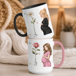 Personalized Pregnant Mom Character Birth Flower 11 oz 15 oz Ceramic Coffee Mug with Name and Coaster Baby Shower Gift for Expecting Mothers