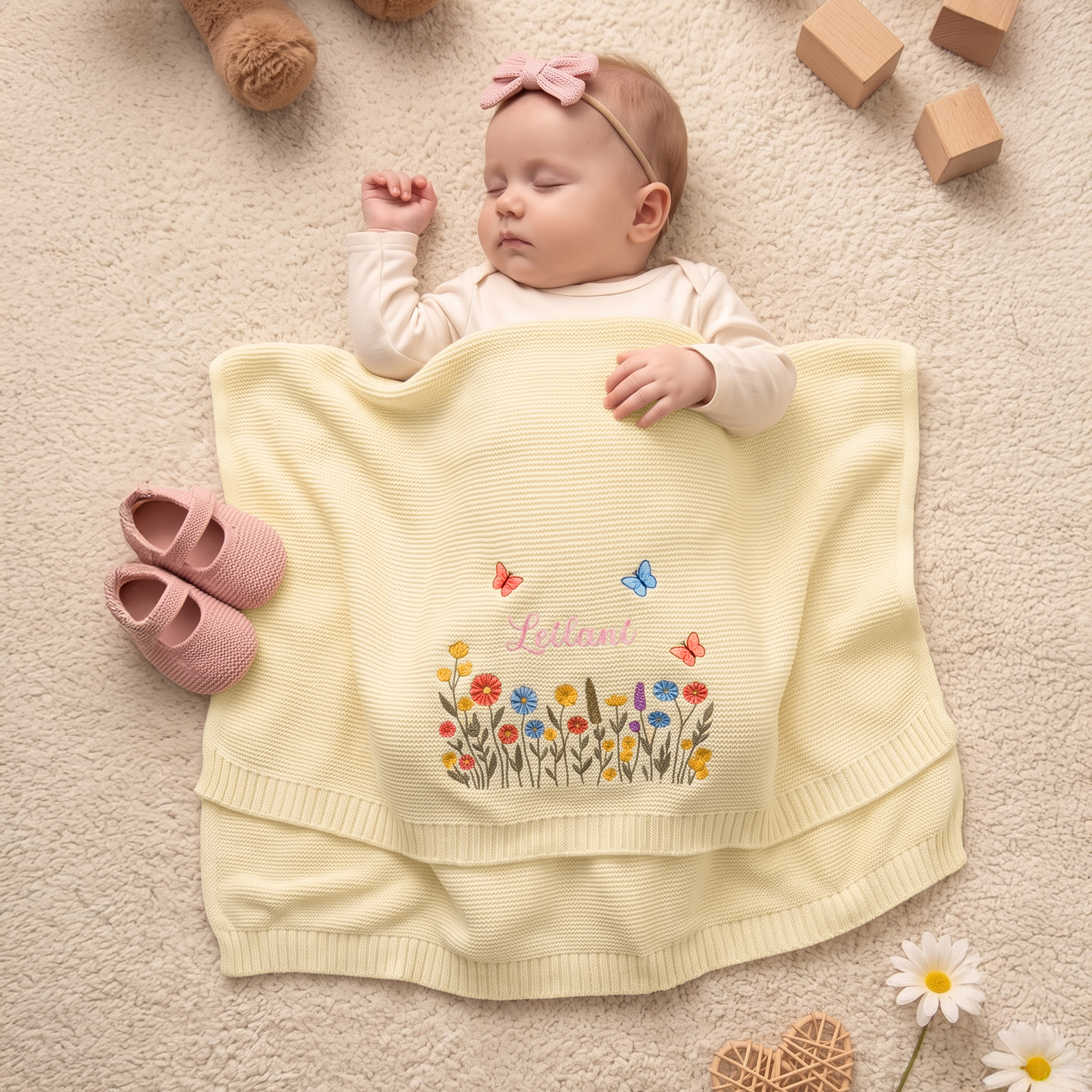 Individuell bestickte Babydecke aus Baumwollstrick mit Wildblumenmotiv und Namensstickerei – Geburtstags- und Babyparty-Geschenk für Säuglinge und kleine Mädchen
