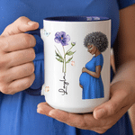 Personalized Pregnant Mom Character Birth Flower 11 oz 15 oz Ceramic Coffee Mug with Name and Coaster Baby Shower Gift for Expecting Mothers