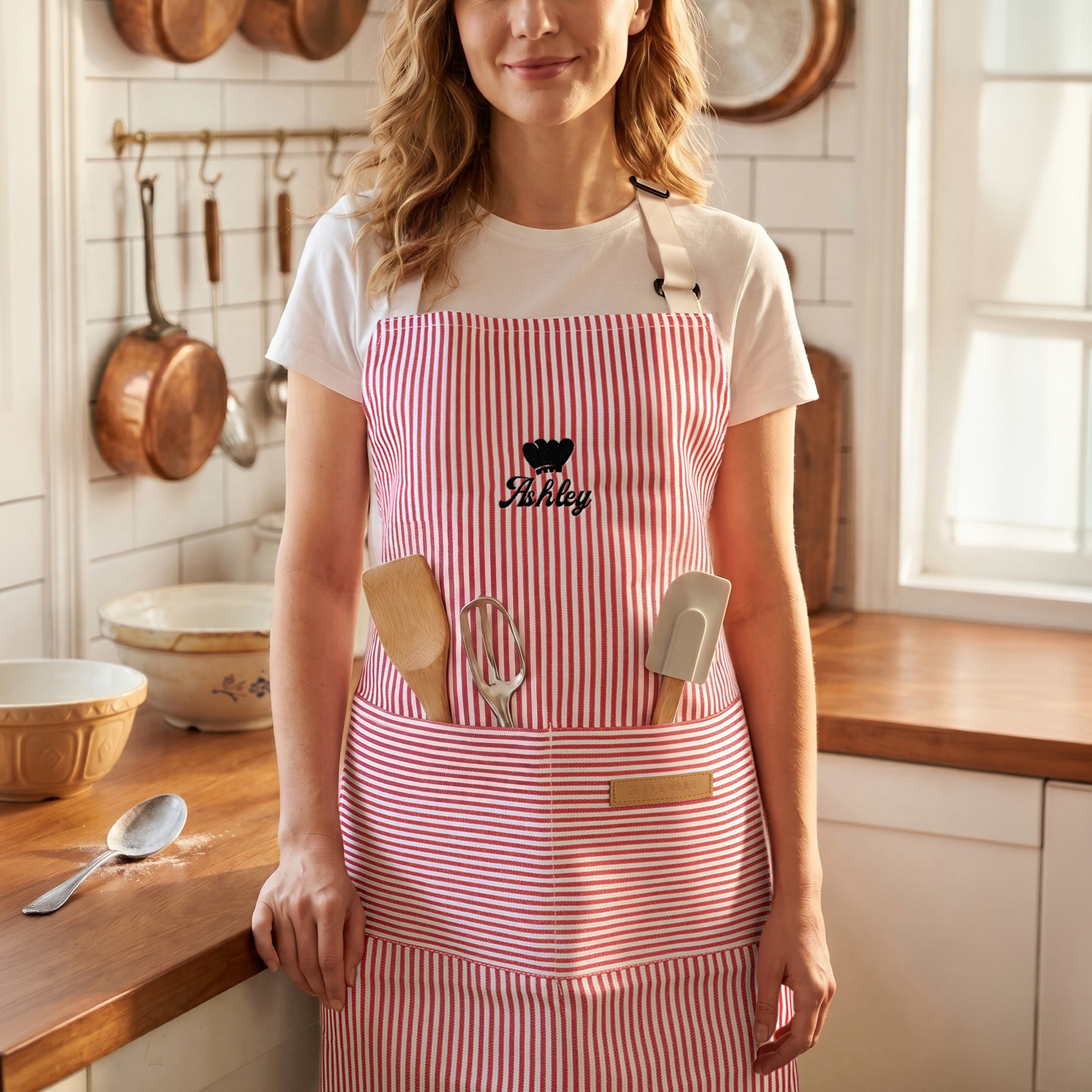 Kitchen Apron Adjustable Personalised Embroidered Baking Element Design with Name and Pocket Gift for Cooking Lovers
