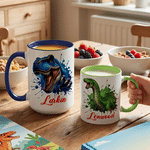 Personalized Ink-Splashed Dinosaur Multicolor 11 oz 15 oz Ceramic Mug with Coaster Daily Use Back to School Birthday Gift for Kids Dinosaur Lovers