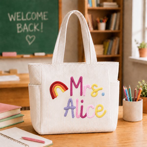 Personalised Rainbow Floral Teacher Themed Corduroy Tote Bag with Text Daily Use Teacher's Day Gift for Teachers Educators