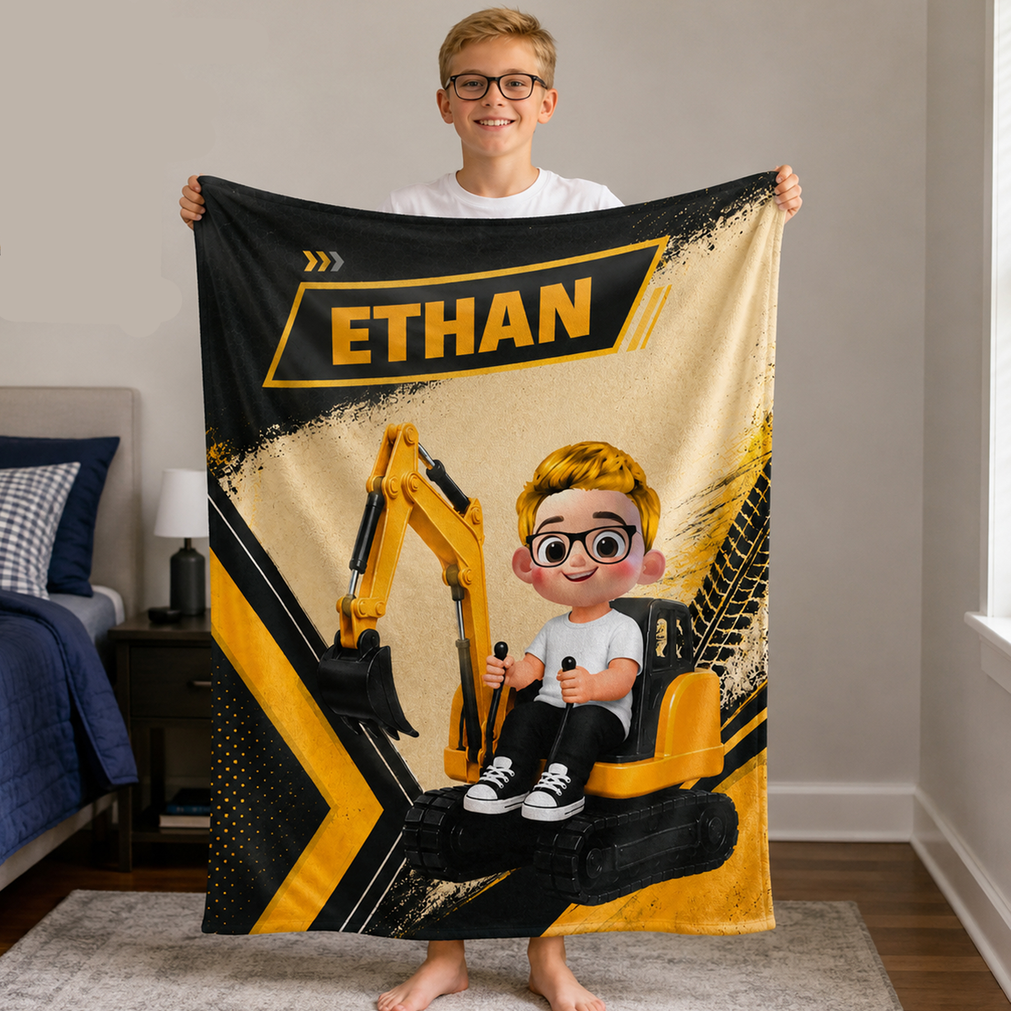 Personalized Cute Excavator Cartoon Character Warm Cozy Throw Blanket with Name Daily Use Birthday Gift for Kid Student