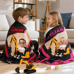 Personalised Cute Excavator Cartoon Character Warm Cosy Blanket with Name Daily Use Birthday Gift for Kid Student