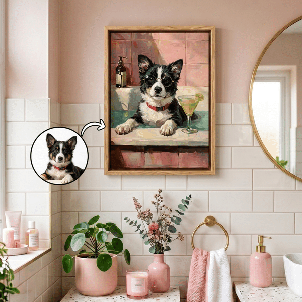 Foto personalizzata dell'animale da bagno - Stampa su tela incorniciata come decorazione da parete per il bagno - Spedizione dagli Stati Uniti - Regalo di anniversario o compleanno per i proprietari d