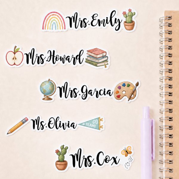 Personalized Apple Books Rainbow Teacher Elements Text Waterproof Stickers Celebration Teacher's Day Back to School Gift for Teacher