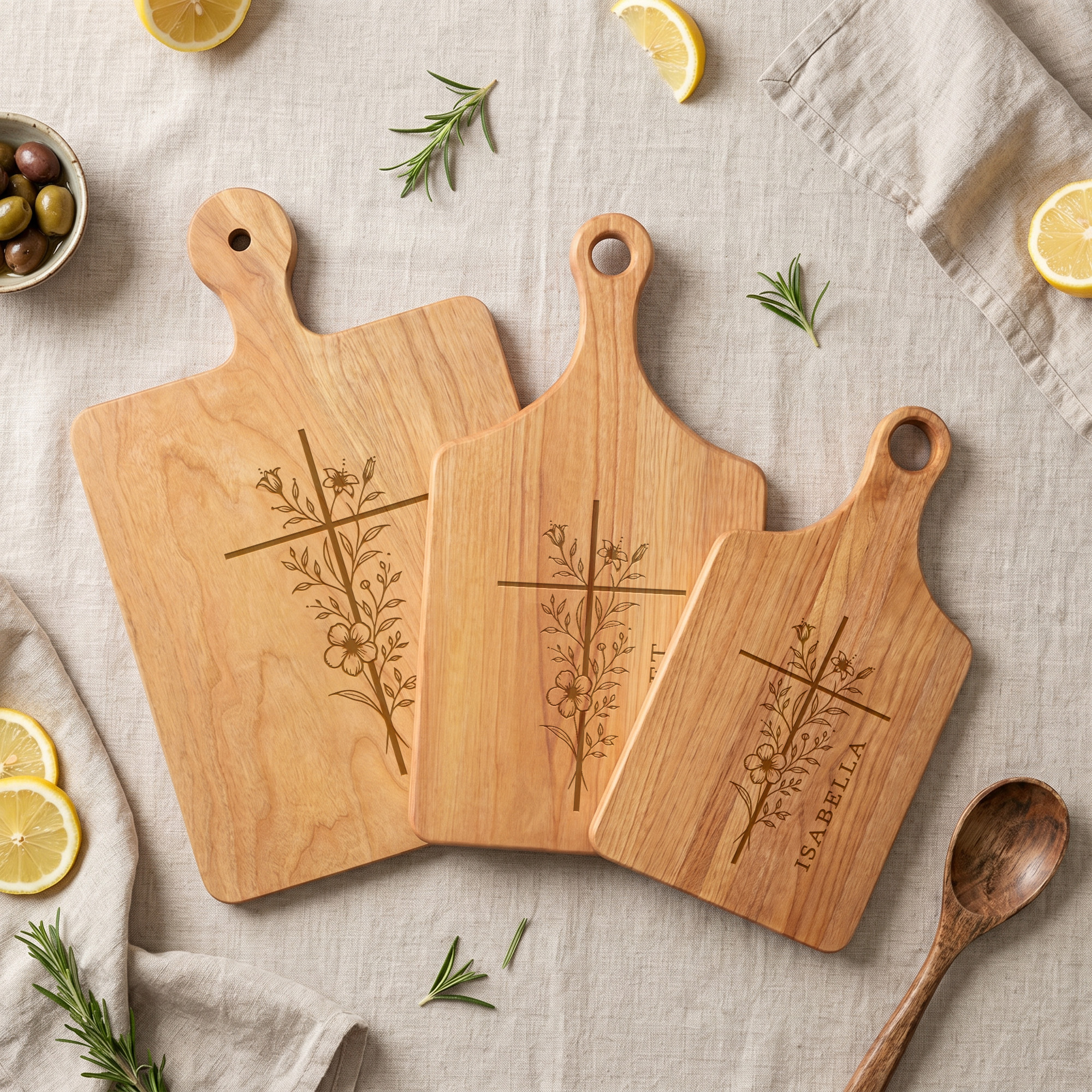 Personalisiertes christliches Kreuz-Blumen-Schneidebrett aus Holz mit Griff und Name Gravur – Küchendekoration Einweihungsgeschenk für Familie Freunde