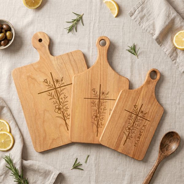 Tabla de cortar de madera con diseño personalizado de cruz cristiana y flores, con asa y nombre grabado; decoración de cocina y regalo de inauguración de casa para familiares y amigos