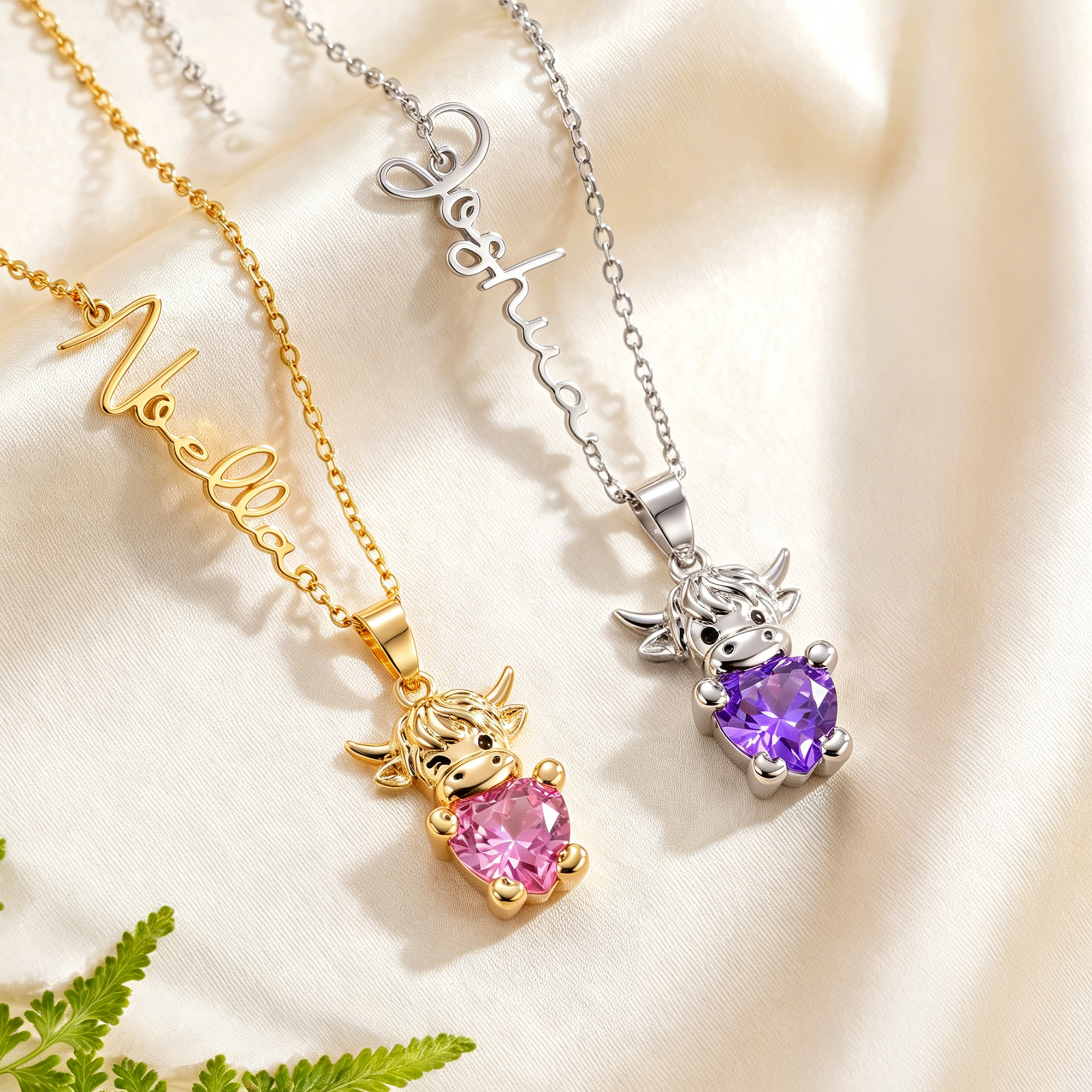 Personalisierte Halskette mit Herz, Geburtsstein und Highland-Kuh-Motiv sowie Namen – zierlicher Schmuck als Geschenk zum Jahrestag oder Geburtstag für Frauen und Mütter